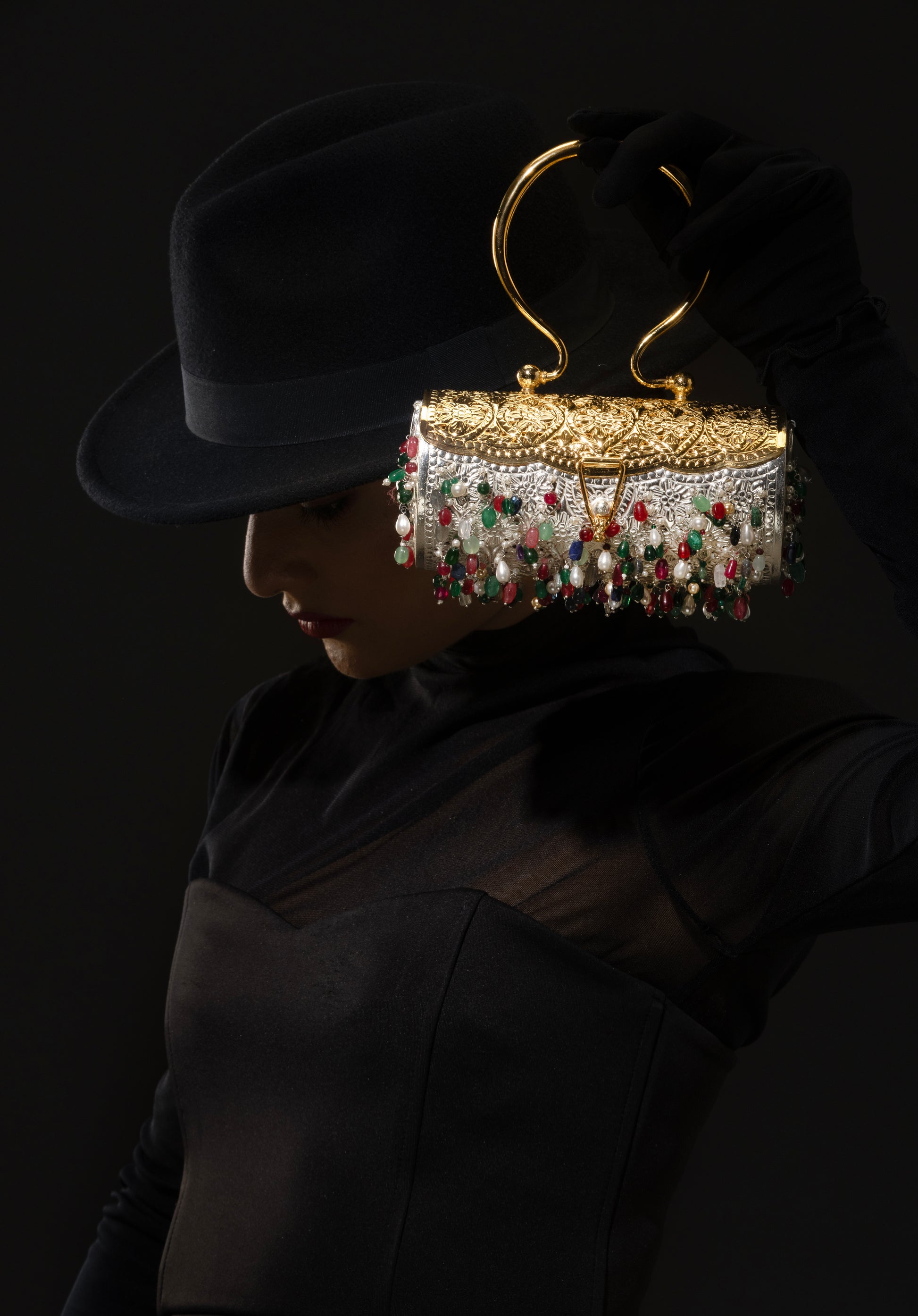 925 sterling silver and gold plated clutch with hand-strung semi-precious stone fringe by Shynora | Handcrafted in India