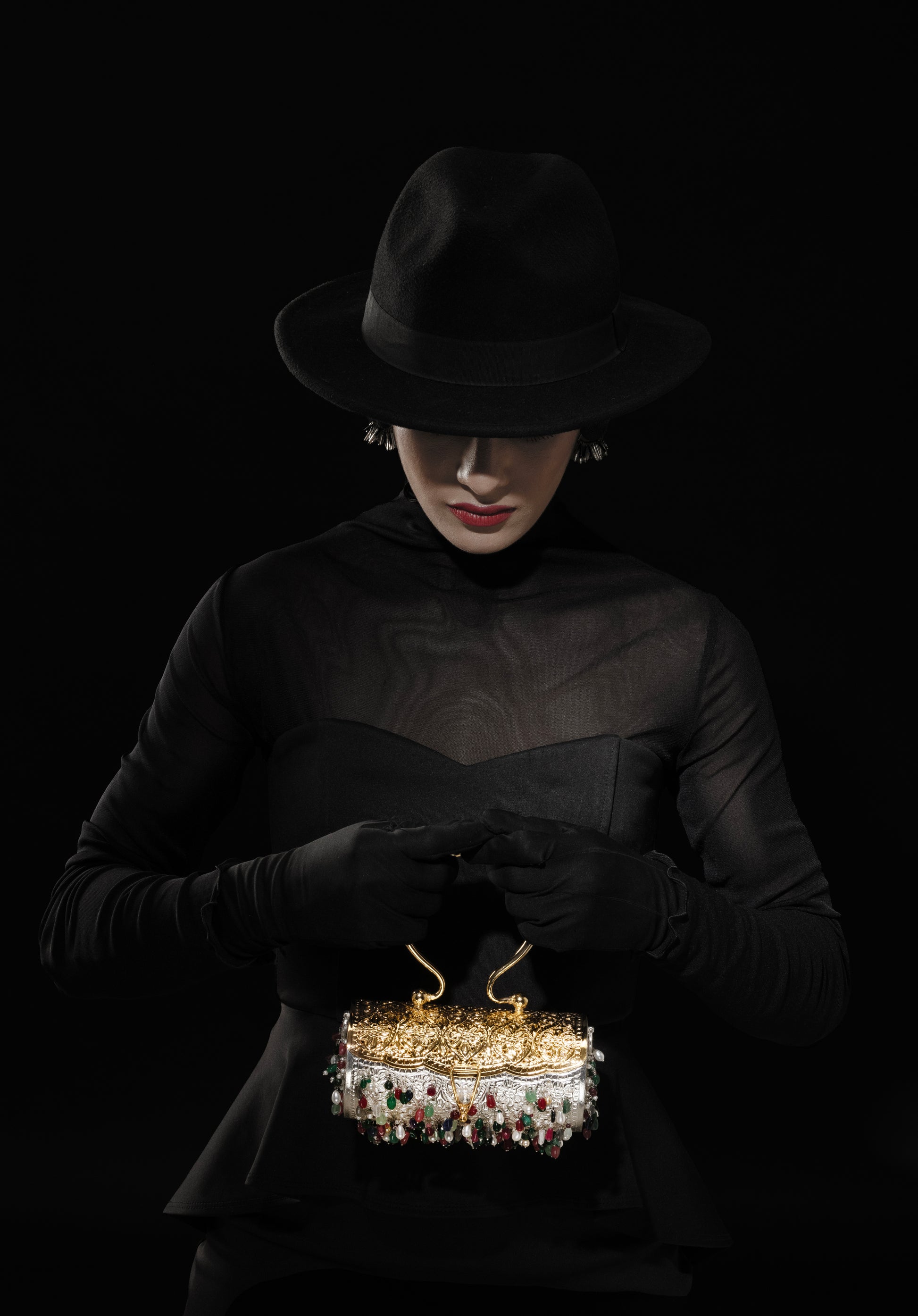925 sterling silver and gold plated clutch with hand-strung semi-precious stone fringe by Shynora | Handcrafted in India