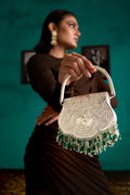 Kasturi handcrafted 925 sterling silver deer evening bag with green gemstone fringe