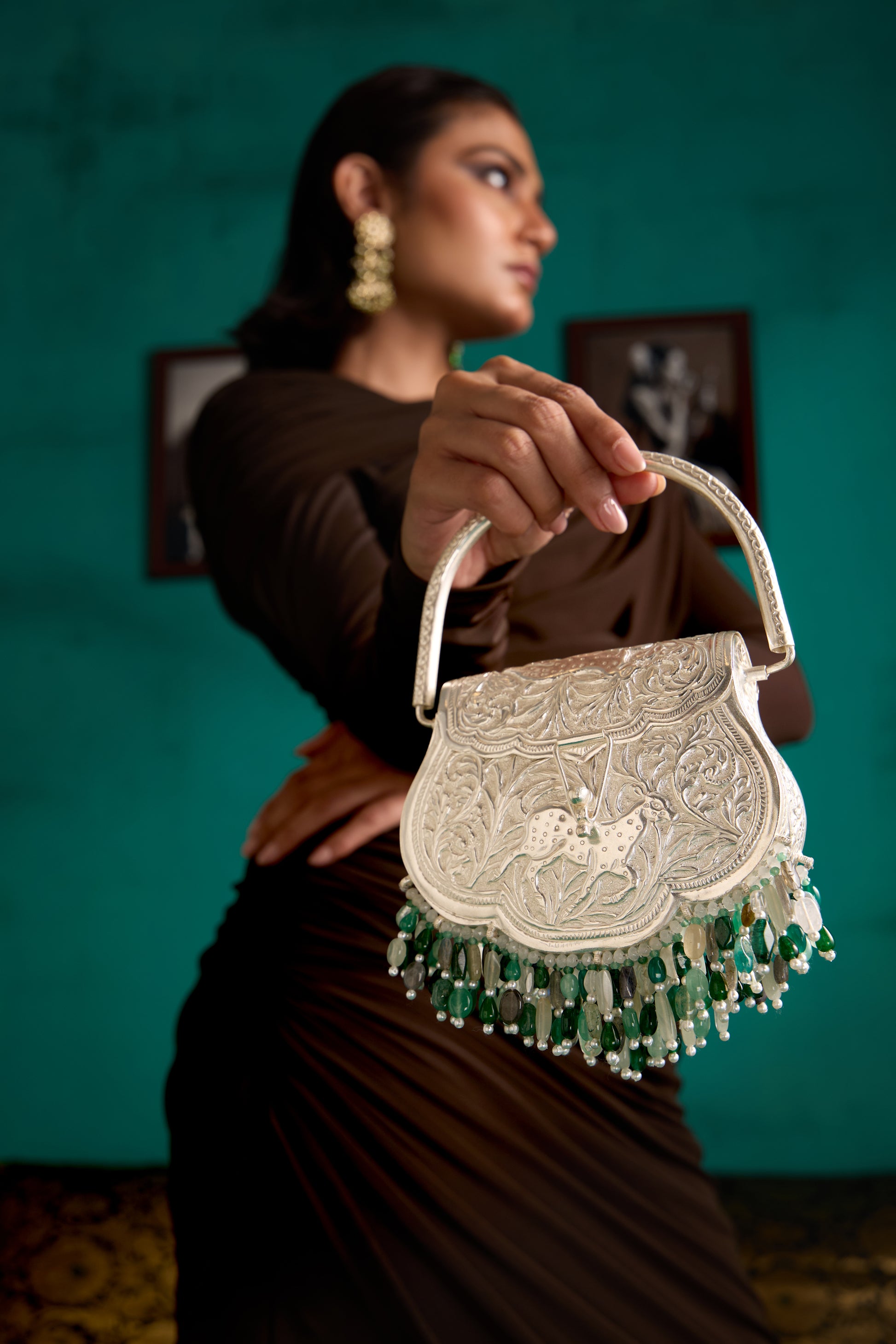 Kasturi handcrafted 925 sterling silver deer evening bag with green gemstone fringe