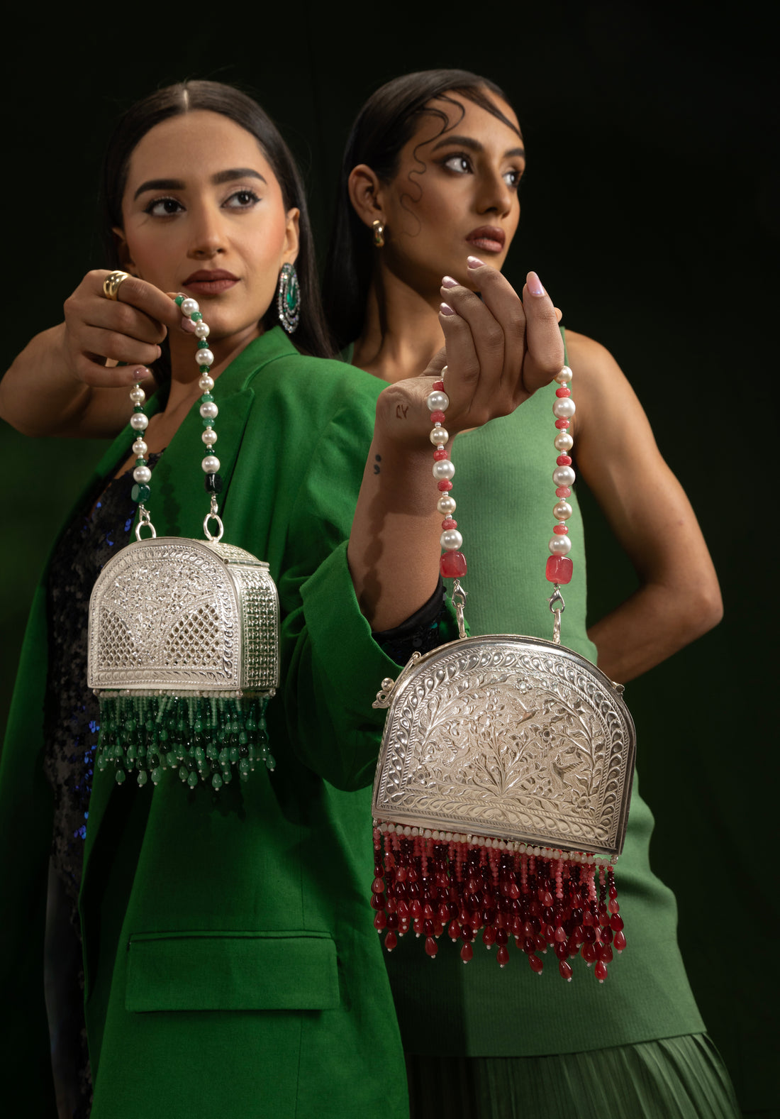 925 sterling silver arch clutch with nakashi work and semi-precious stone fringe by Shynora | Handcrafted in India