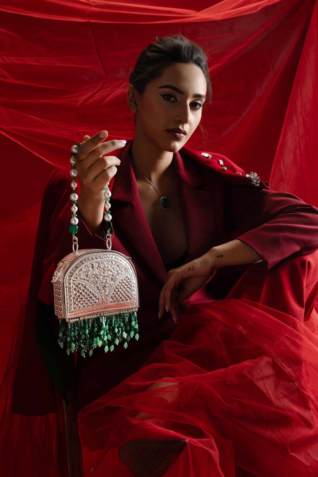 925 sterling silver arch clutch with nakashi work and semi-precious stone fringe by Shynora | Handcrafted in India
